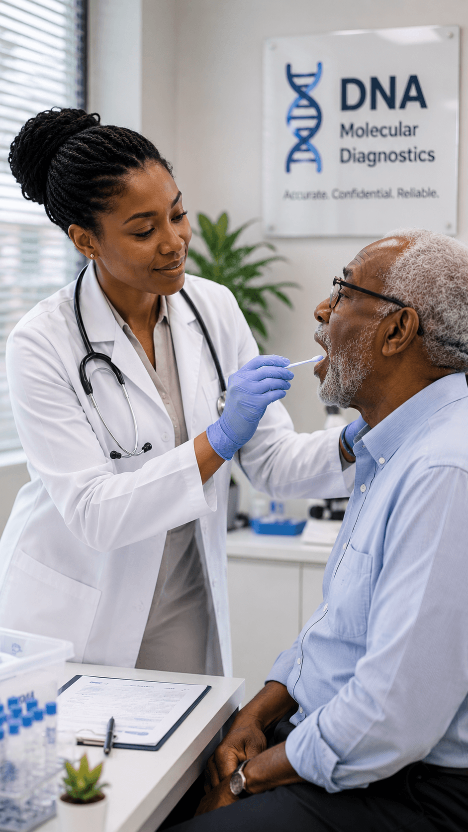 Female doctor taking a DNA saliva swab from an elderly gentleman
